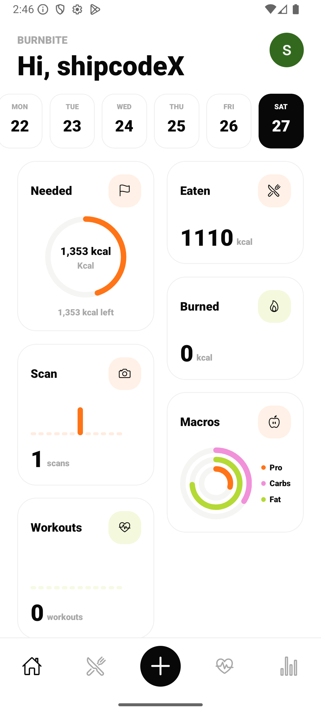 BurnBite dashboard showing daily calories, macros, scans, and workouts